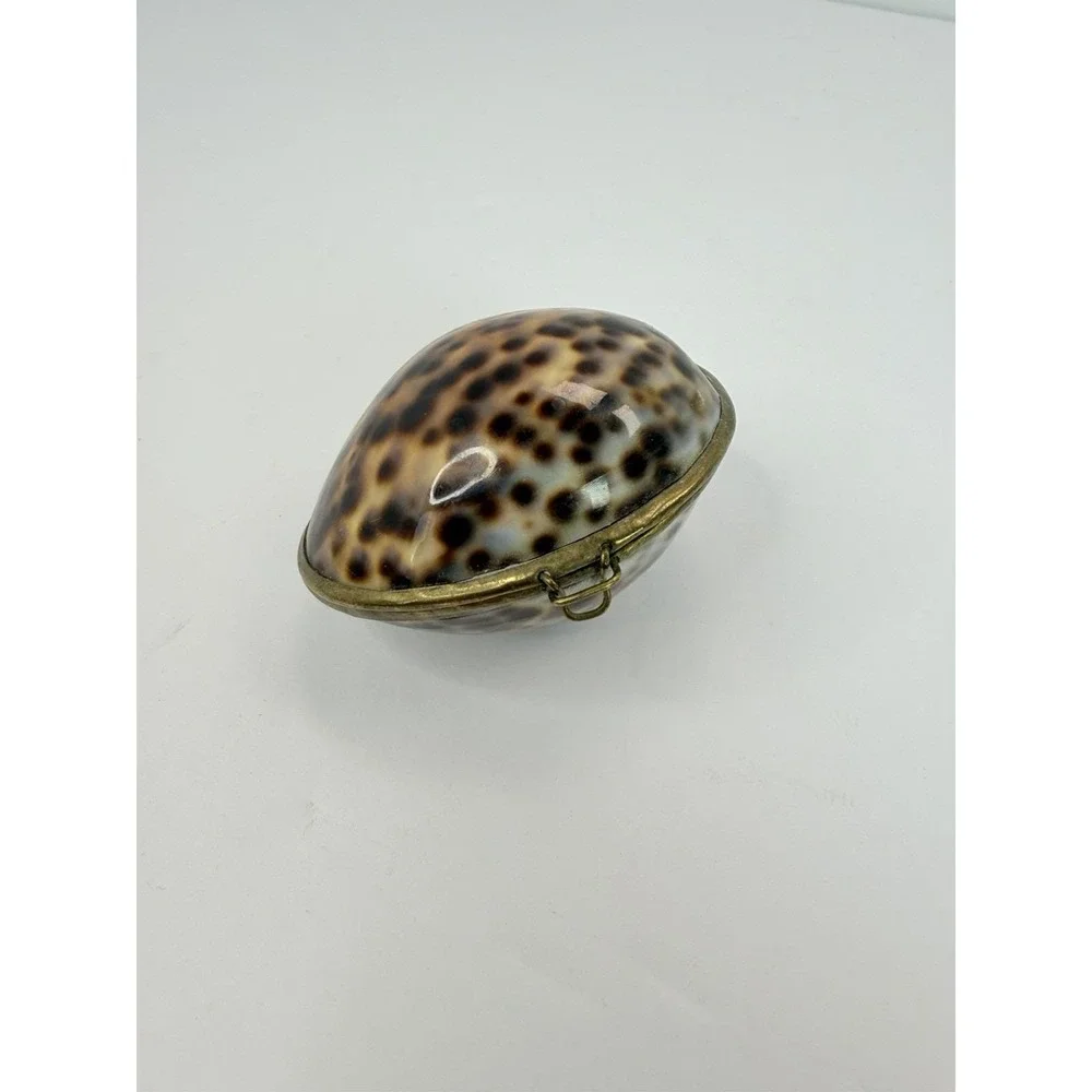 Cowrie Shell Brass Tone Hinged Trinket Pill Box Vintage Nautical